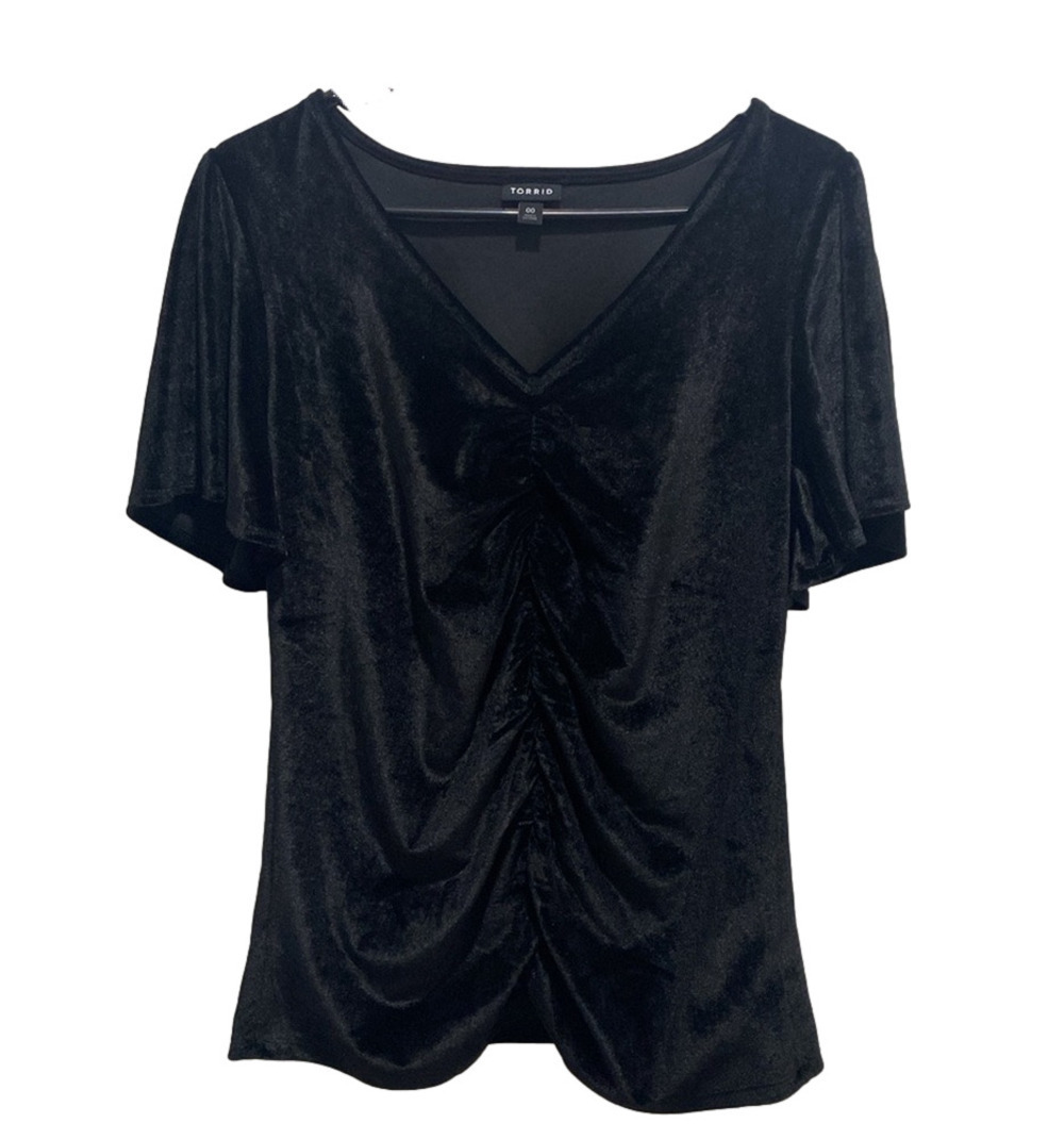 Torrid Stretch Velvet Black Shirred-Front Flutter Sleeve Top Size 00 Bin O